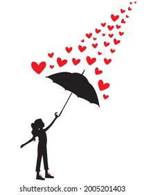 Girl silhouette holding umbrella and raining hearts, vector, poster design isolated on white background, wall art work, wall decals, wall decoration