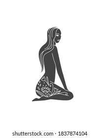Girl silhouette icon with folklore  elements. Woman meditating with flower pattern in hand drawn style. Graphic element of minimalistic image of a woman for logo, sticker, print.