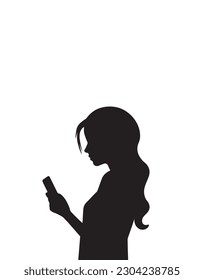 Girl silhouette illustration holding selfphone in her hands, vector. Woman silhouette isolated on white background with mobile phone. Cute black and white cartoon art design. Sticker template