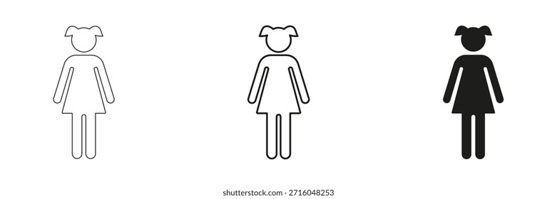Línea De Silueta De Niña Y Conjunto De Iconos Sólidos. Colección De Símbolo De Símbolo De Niñez, Juventud Y Niñez. Icono De Género Y Grupo De Edad. Ilustración vectorial aislada.
