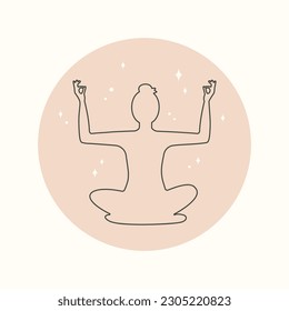 Girl silhouette in lotus position. Symbol, logo, emblem, icon for web design, social media stories. Trendy minimal lineart style. Woman practice meditation. Sports activities. Vector in boho style