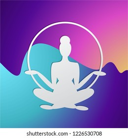 Girl silhouette meditate, yoga pose. Logo for spa, featured background. Neon colors and paper crafted woman, for web and print vector illustration, with wave
