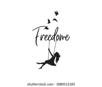 Girl silhouette on swing illustration, vector. Girl silhouette with flying birds isolated on white background. Wall decals, art design, artwork. Concept Freedom. Black and white art design