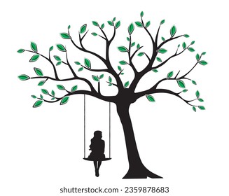 Girl silhouette on a swing on a tree, vector. A girl silhouette on a swing on a tree in spring isolated on white background. Wall decals, art design, drawing artwork. Cute wall art, artwork