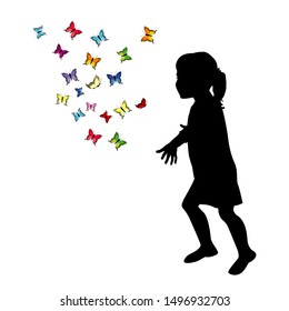 Girl silhouette playing with colored butterflies
