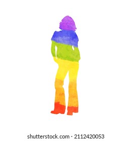 Girl silhouette in PRIDE LGBT rainbow colours isolated on white