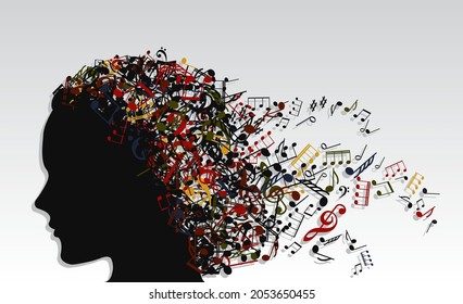 girl silhouette profile with color music note hair , music theme background