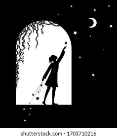 Girl silhouette puts stars and moon.  From the arch window, good night dream concept, shadows,  home dreaming.