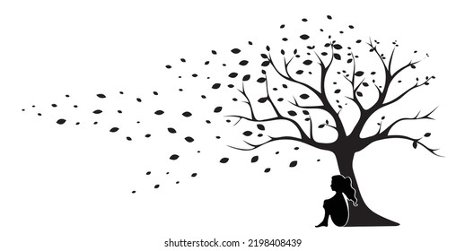 Girl silhouette sitting under the tree, vector. Tree illustration with windy leaves and girl silhouette isolated on white background. Black and white art design