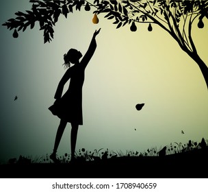 girl silhoutte harvest the pear, fruit harvest scene, summer memories, nature product concept, vector