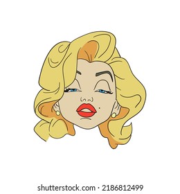 a girl similar to Marilyn Monroe, with blonde hair, red lips and a mole above her lip.