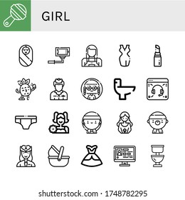 girl simple icons set. Contains such icons as Rattle, Baby, Selfie, Maid, Dress, Lipstick, Flight attendant, Woman, Wc, Support, Underwear, can be used for web, mobile and logo