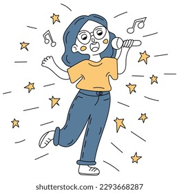 Mädchen, das Karaoke mit Mikrofon singend, Brille trägt, weißes T-Shirt und blaue Jeans, um Noten und Sterne herum, blaue und gelbe Farben, doodle flache Vektorgrafik, handgezeichneter Cartoon einzeln 