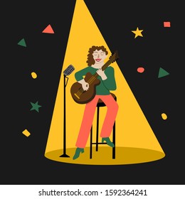 Girl singer with a guitar and microphone in the spotlight cartoon illustration in flat style. Woman musician perform. Great for invitations, poster, stickers
