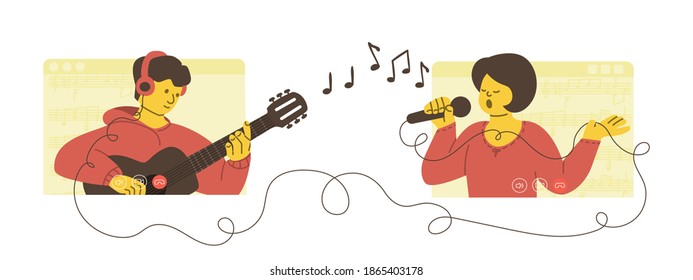 The Girl The Singer And The Guy The Guitarist Make A Video Call. Online Concert. Duet Plays The Guitar And Sings. Stream On Social Networks. Vector Flat Illustration.