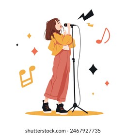 Girl Singer with Microphone Performing on Stage. Vector illustration isolated on white.