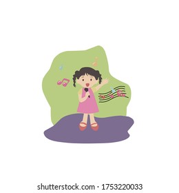 a girl singing alone using a microphone, vector illustration, white background