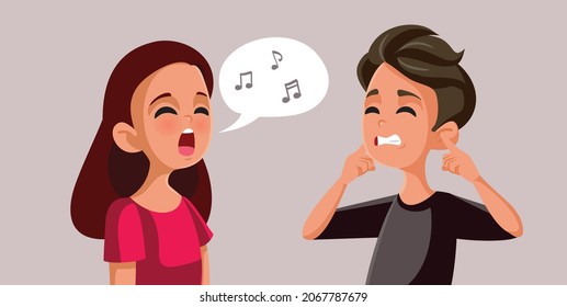 Girl Singing Awful Song Annoying Her Friend Vector Cartoon. Terrible Singer Annoying Her Colleague With Her Bad Singing Performance
