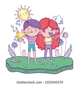 girl singing and boy playing trumpet in the landscape