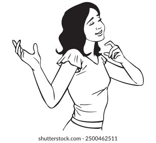 Una chica está cantando y bailando desde una vista lateral. Ilustración en blanco y negro y formato de Vector. Esta ilustración no es contenido generado por IA.