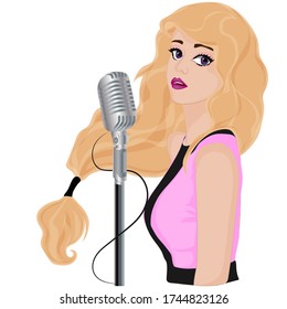 Girl singing into a microphone. Vector art