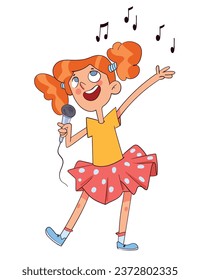 Girl singing karaoke. Colorful cartoon characters. Funny vector illustration. Isolated on white background