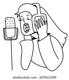 Girl singing karaoke with headphones and michrophone with closed eyes. Vector illustration isolated in white and black