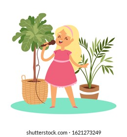 Girl singing karaoke music cartoon character vector illustration. Little girl in pink dress singing songs with microphone in her hand with home plants in pots background isolated on white.