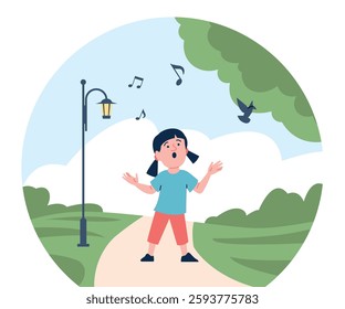 Girl singing. Little kid walking in park and sing song. Musical talent, hobby or resting outdoor. Seasonal walk in garden, child singer recent vector scene