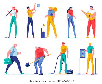 Girl Singing in Microphone, Boy Playing Volleyball, Woman Throwing Litter into Rubbish Bin Flat Cartoon Vector Illustration. Man Playing Guitar. Elderly Worker Running with Suitcase. Coffee Machine.