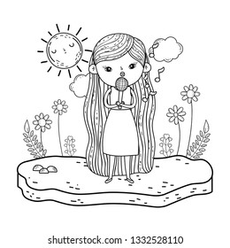 girl singing with microphone in the landscape