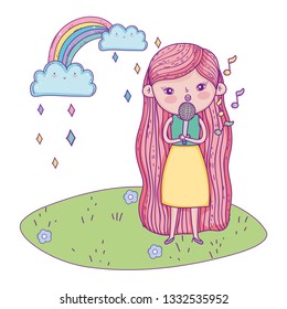 girl singing with microphone in the landscape and rainbow