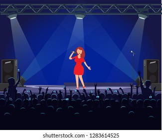 Girl singing with microphone on stage with light effect and big speaker. Woman in dress on dark stage, fans recording performance in cartoon style vector