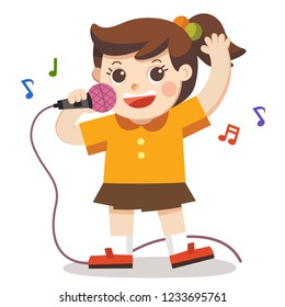 A Girl singing with microphone on white background. Child musical performance.