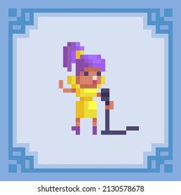 Girl Singing With Microphone. Pixel Art Character. Vector Illustration In 8 Bit Style