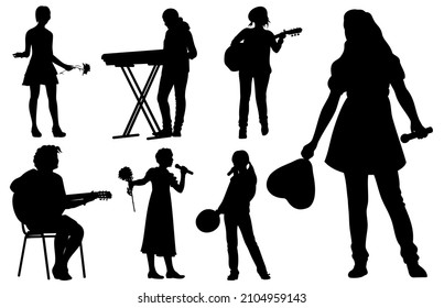 Girl singing with microphone, playing guitar and synthesizer, set of vector silhouettes.