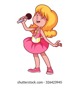 Girl singing with microphone. Vector clip-art illustration on a white background. Cartoon character.