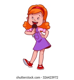 Girl singing with microphone. Vector clip-art illustration on a white background. Cartoon character.