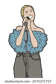 A Girl singing with microphone, wearing fluffy blue top and gray pants