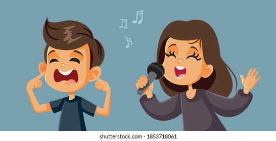 Girl Singing Next to a Boy Covering His Ears. Terrible singer annoying her colleague with her bad karaoke performance
