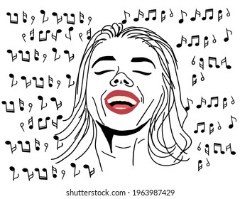 girl singing on a white background, musical notes on a white background