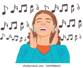 girl singing on a white background, musical notes on a white background