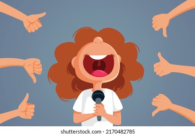 
Girl Singing Receiving Mixed Feedback Reactions Vector Illustration. Child In Talent Show Having A Split Decision Situation After Performance From Jury
