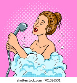 Girl singing in the shower pop art retro vector illustration. Woman takes bath. Comic book style imitation.