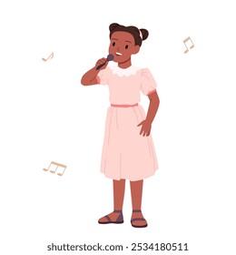 Chica cantando una canción. Niño lindo en vestido rosado que sostiene el micrófono, pequeño cantante que se coloca en el escenario para cantar y practicar la lección de música, voz de entrenamiento del niño feliz con la Ilustración vectorial de dibujos animados de la sonrisa