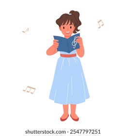 Girl singing song. Cute little kid holding open notebook to sing musical melody from notes, practice vocal music lesson, happy small female singer in dress standing cartoon vector illustration