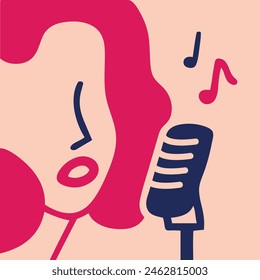 Girl singing a song with mic vector illustration.
