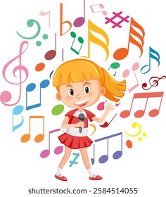 Girl singing surrounded by vibrant musical notes