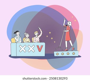 Girl singing at talent show flat vector illustration. Future celebrity singer standing on scene or stage in front of jury. Competition and television contest concept