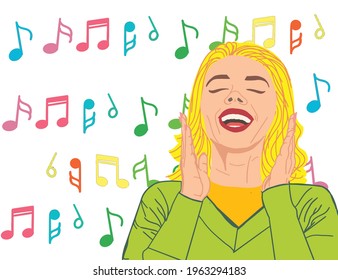 a girl sings melodies, a girl screams, a girl prays, a girl on the background of colored musical notes